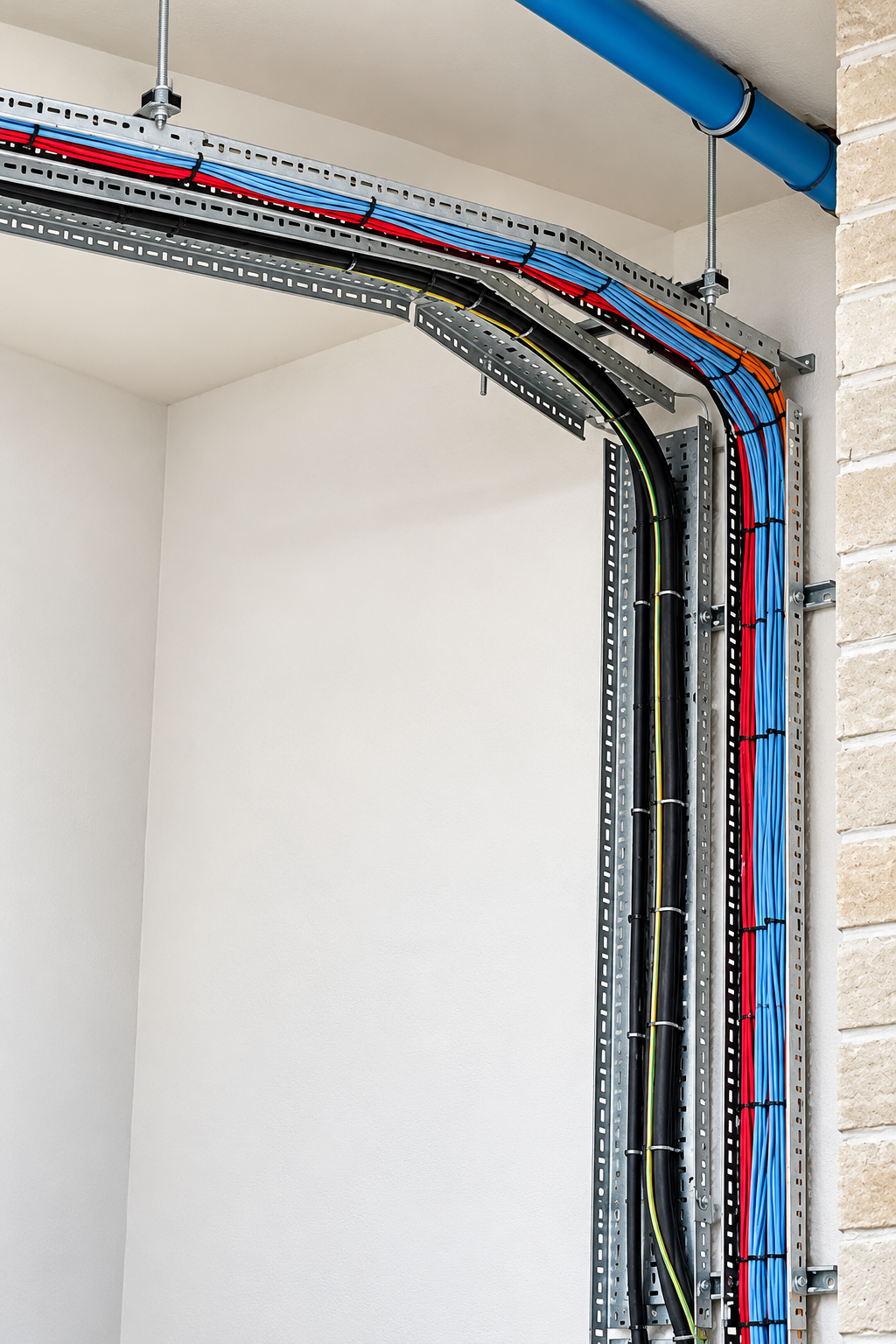 Bundles of coloured cables and thick black wires running along perforated metal cable trays on a ceiling and wall.