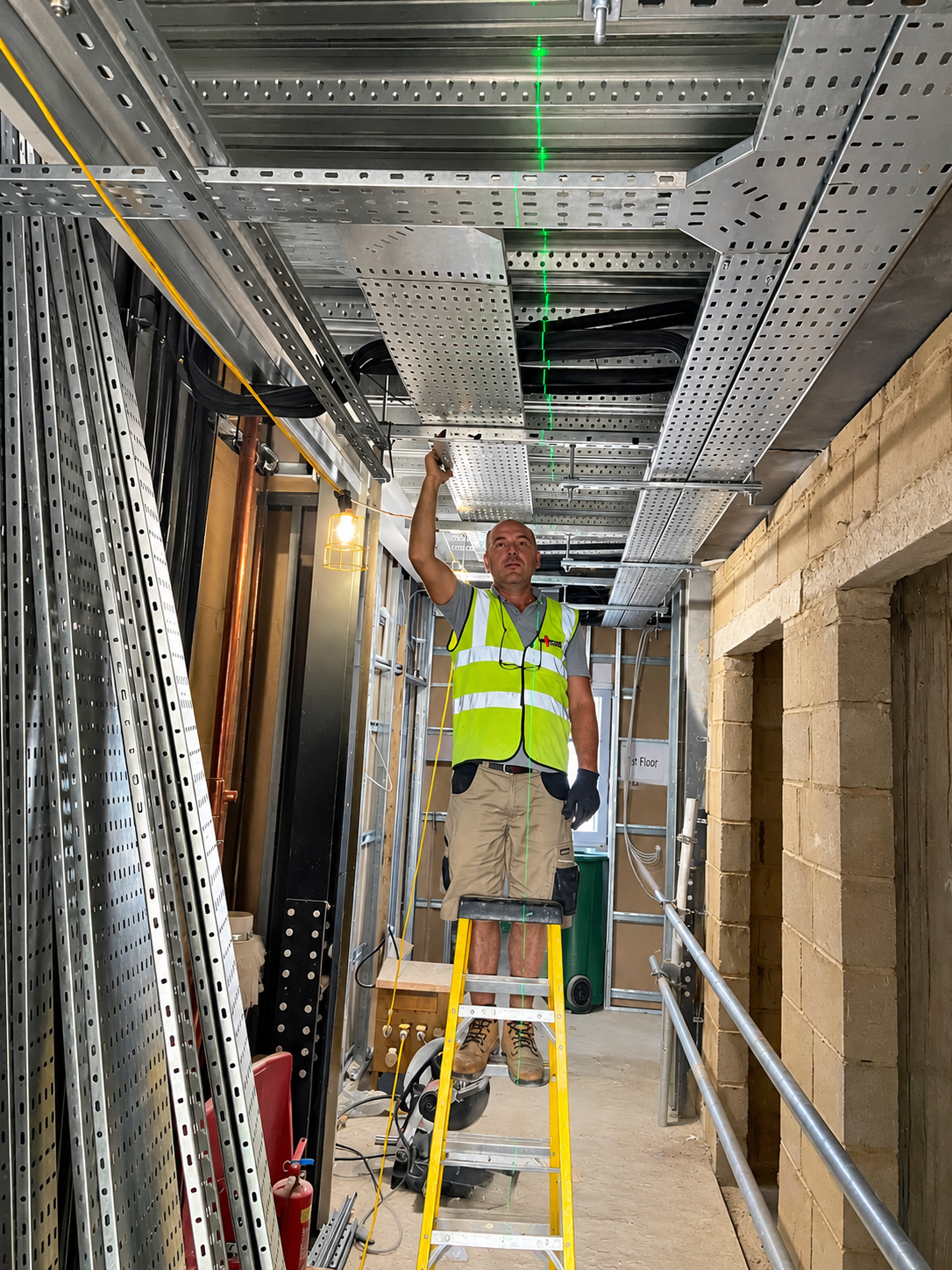 Electrician on a stepladder aligning overhead metal cable trays with a green laser level.