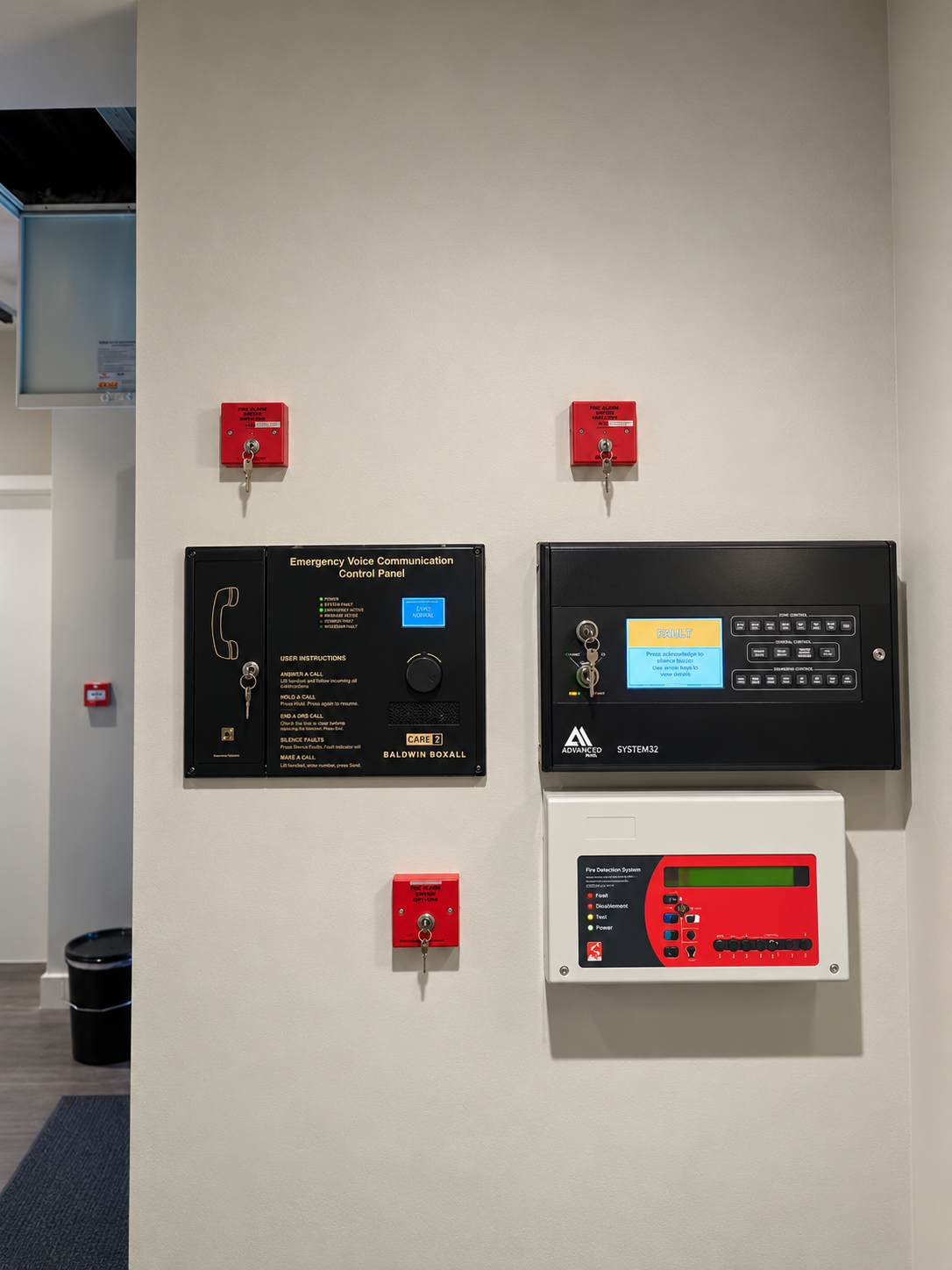 Fire alarm and emergency voice communication control panels with key switches mounted on an off-white wall.