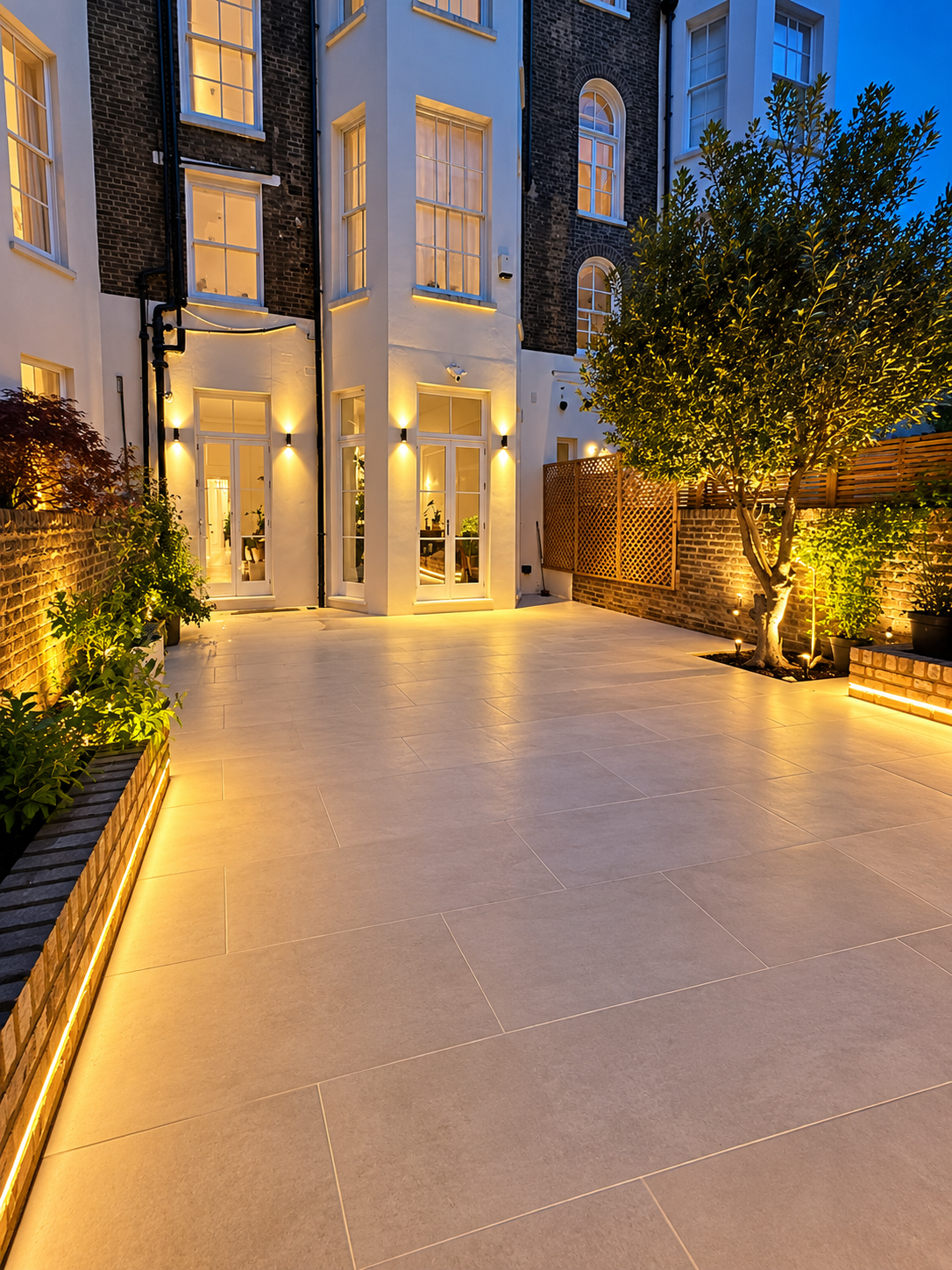 Rear patio at twilight with warm strip lighting and wall lights beside brick planters and a white townhouse.
