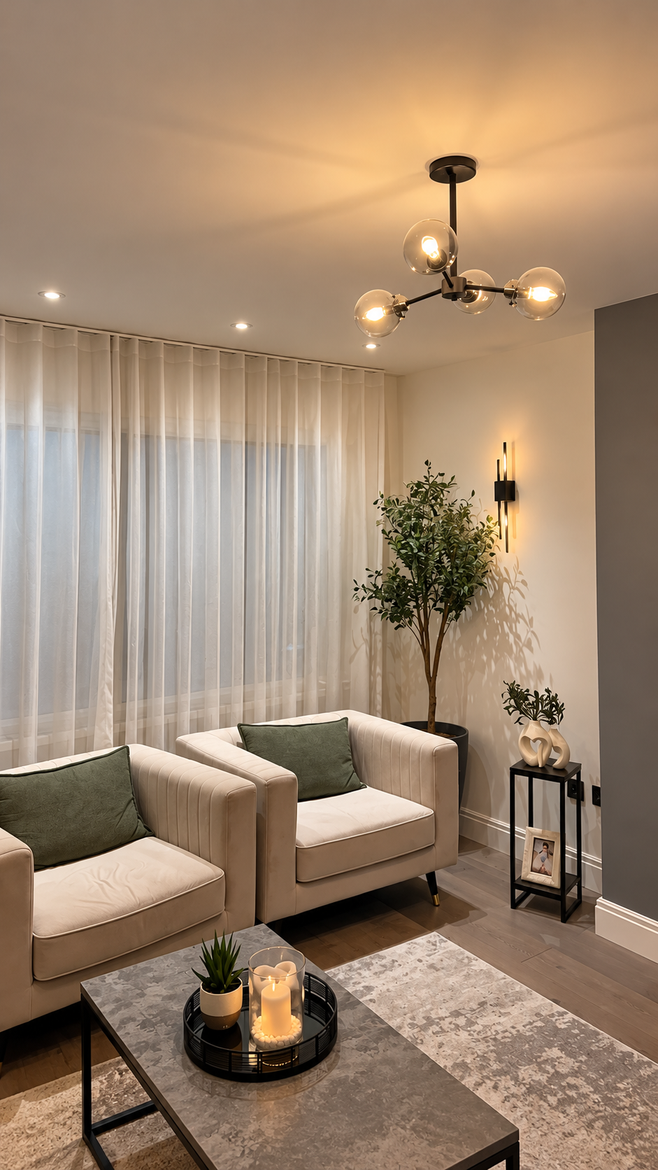Living room with a black four-arm globe chandelier, recessed downlights above the curtains, a black wall light and warm candlelight on the coffee table.