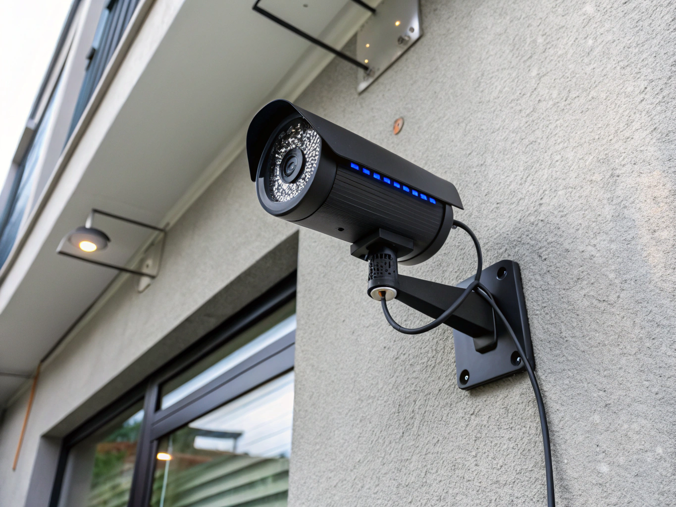 Illustrative image of a white CCTV camera mounted under the eaves of a brick house with tidy white cable conduit.